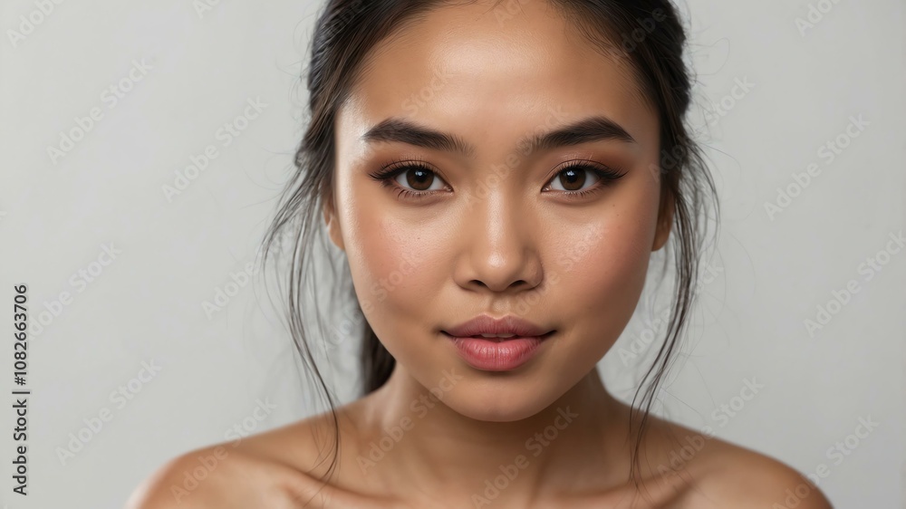 Naklejka premium cute filipina woman with radiant skin on white background