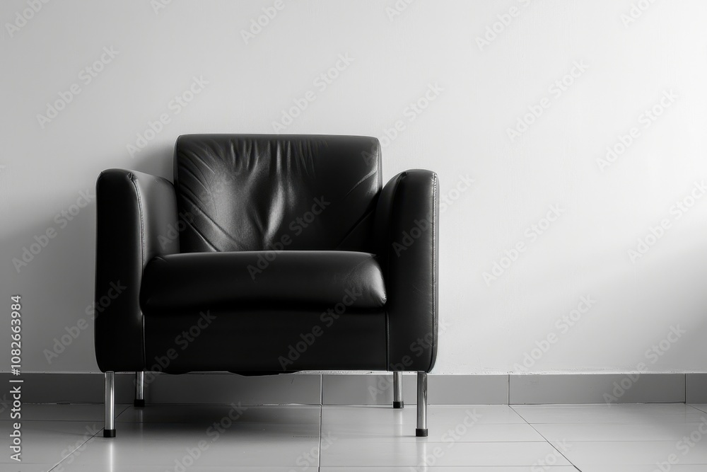 A stylish black lounge chair positioned against a minimalist white wall, creating a modern and elegant atmosphere in a contemporary living space at midday A stylish black lounge chair positioned against a minimalist white wall, creating a modern and elegant atmosphere in a contemporary living space at midday