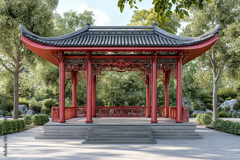 red and grey elegant traditional wooden pavilion with intricate royal carvings red and grey elegant traditional wooden pavilion with intricate royal carvings