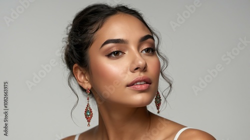 cute latina woman with radiant skin on white background