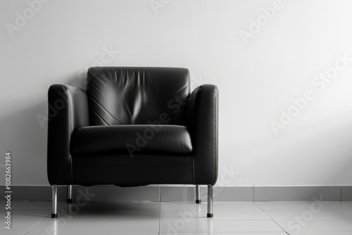 A stylish black lounge chair positioned against a minimalist white wall, creating a modern and elegant atmosphere in a contemporary living space at midday