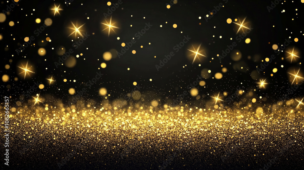 Obraz premium Golden small flickering lights on a black background, forming a chaotic dust of glitter particles