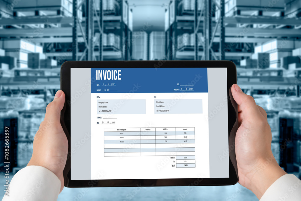 Invoice on computer screen from accounting application. Computer program for financial and budget of corporate business. Snugly. Invoice on computer screen from accounting application. Computer program for financial and budget of corporate business. Snugly.