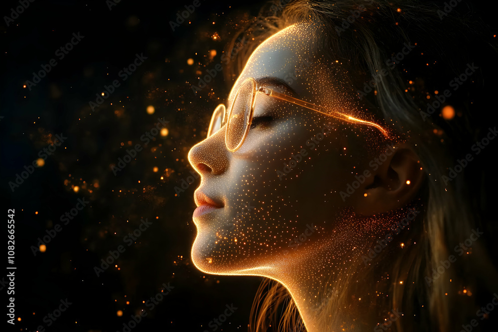 Illustration - Woman with Golden Particles and Glasses Illustration - Woman with Golden Particles and Glasses