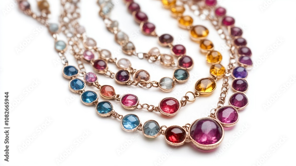 Elegant jewelry display featuring multi-colored gemstones, shimmering beads, and intricate chain design, ideal for fashion, accessories, and luxury promotions. Elegant jewelry display featuring multi-colored gemstones, shimmering beads, and intricate chain design, ideal for fashion, accessories, and luxury promotions.