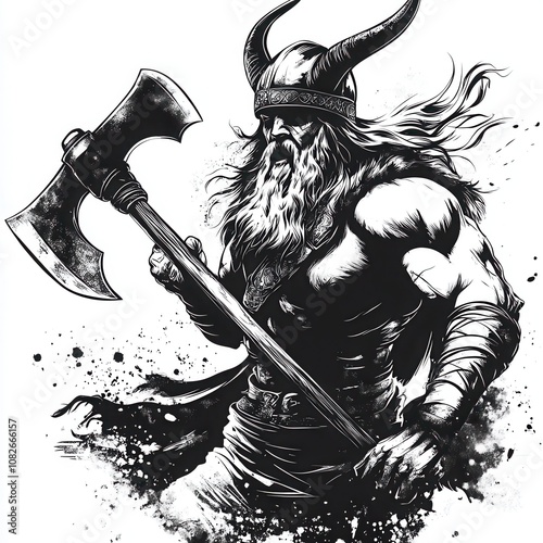 A black and white vector illustration of a Viking warrior with a helmet, holding a battle axe, in a dynamic pose.  photo