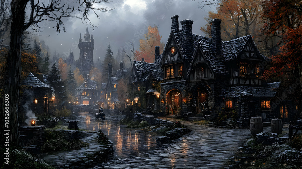 Naklejka premium Illustration - Fantasy Village, Cobblestone Path, Tower, Autumn