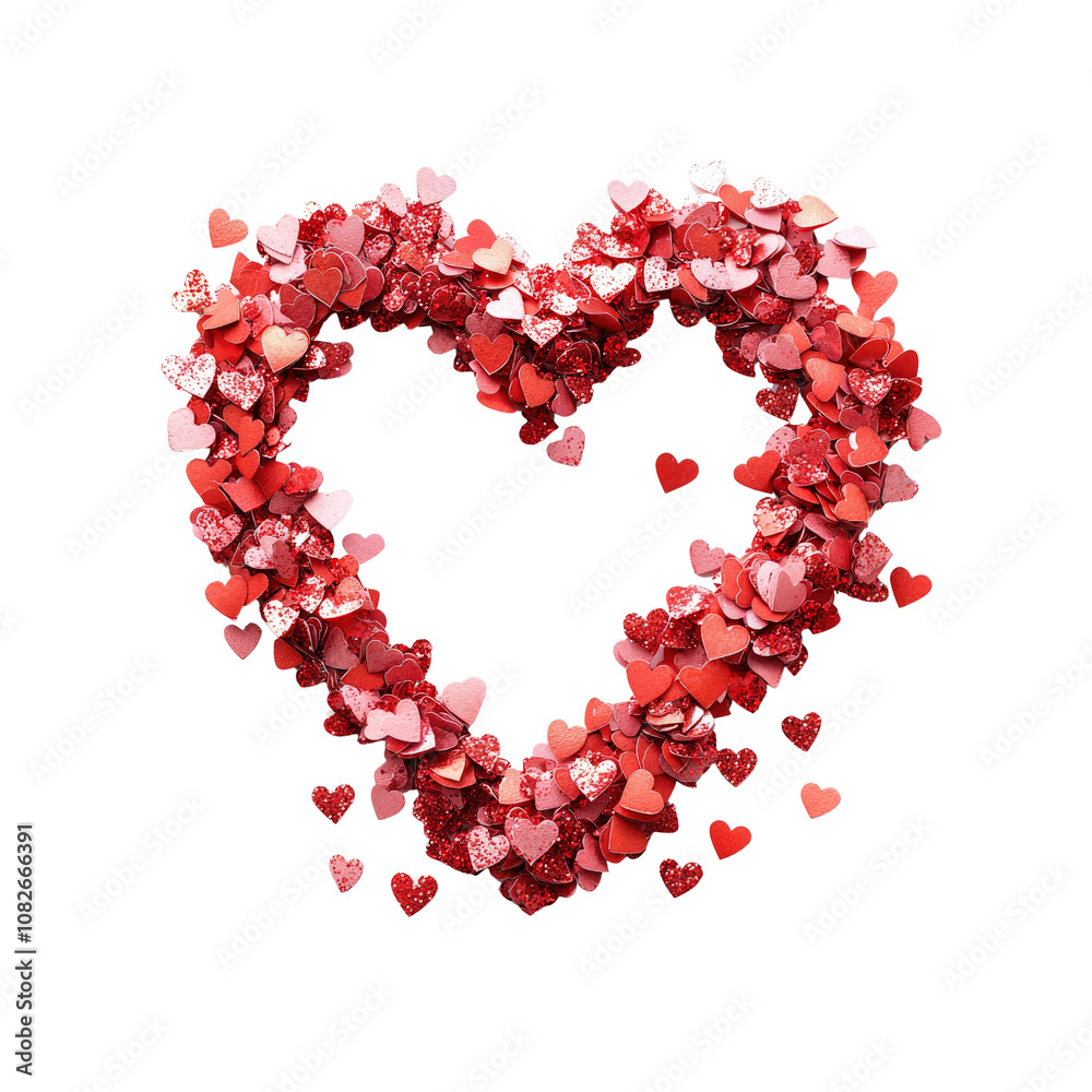 Heart-Shaped Confetti of Red and Pink Glitter Hearts on Black Background