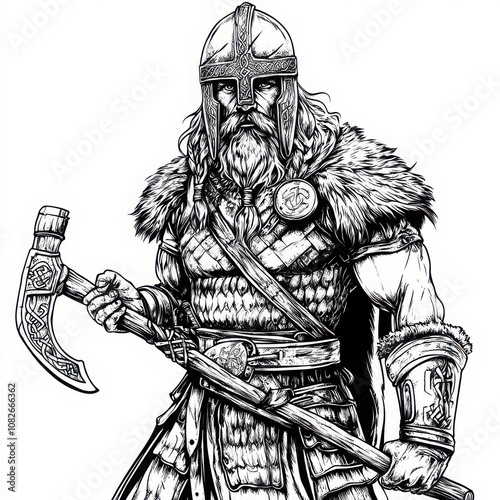 A black and white vector illustration of a Viking warrior with a helmet, holding a battle axe, in a dynamic pose.  photo