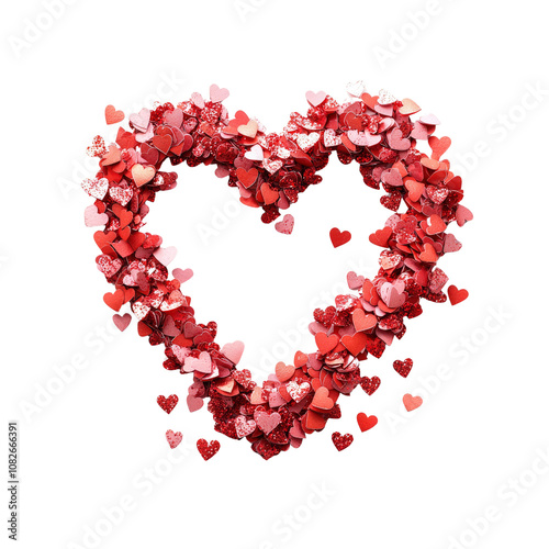 Heart-Shaped Confetti of Red and Pink Glitter Hearts on Black Background