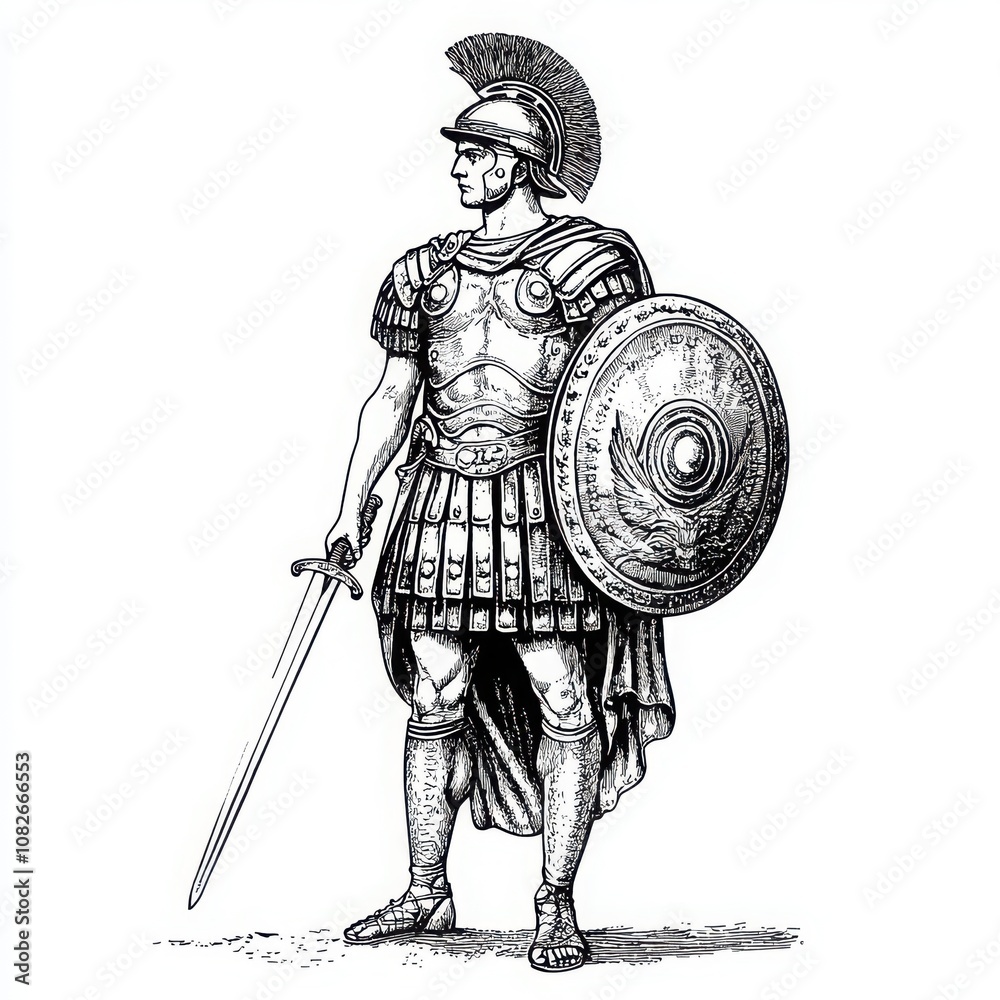 Obraz premium A vintage line art illustration of a Roman soldier standing at attention, holding a sword and shield, with a detailed Roman helmet. 