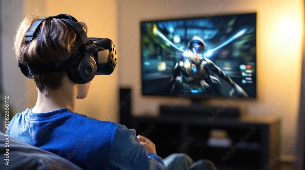 Person using virtual reality headset while gaming on a TV. Person using virtual reality headset while gaming on a TV.