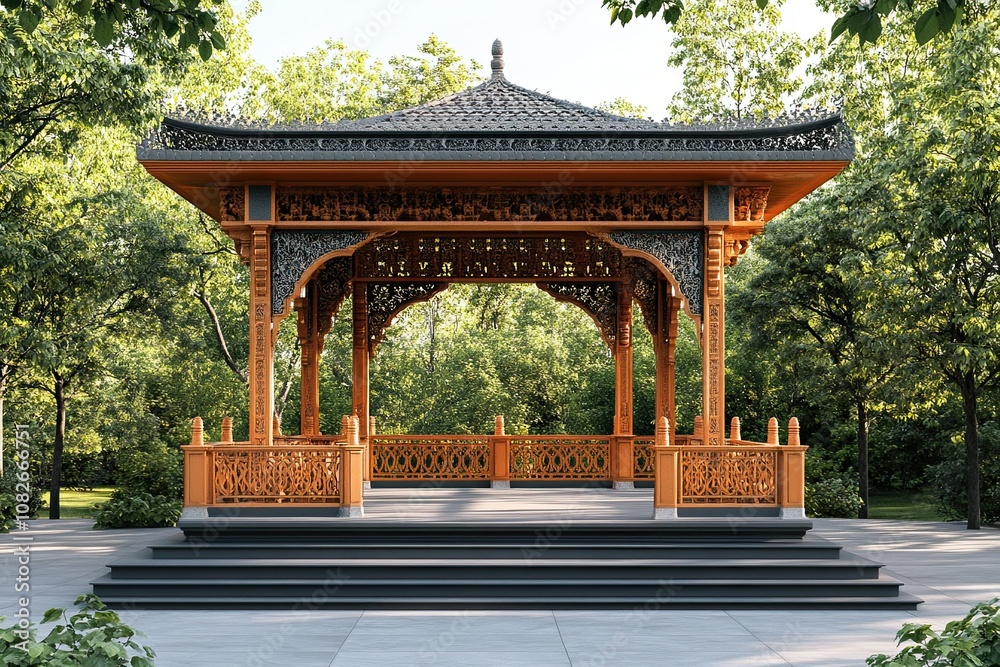 Obraz premium orange and grey elegant traditional wooden pavilion with intricate royal carvings