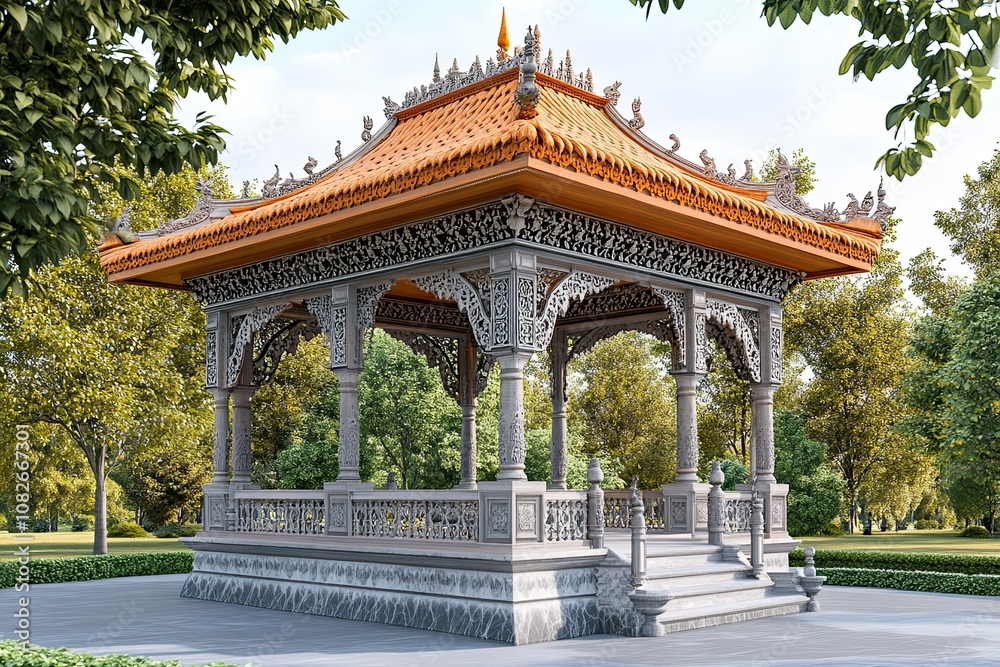 orange and grey elegant traditional wooden pavilion with intricate royal carvings orange and grey elegant traditional wooden pavilion with intricate royal carvings