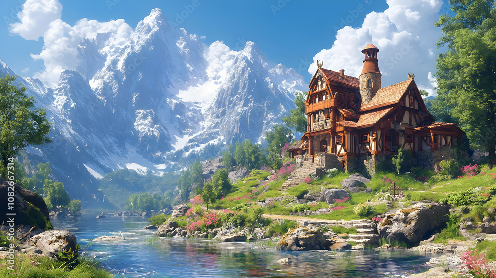 Fototapeta premium Illustration - Fantasy Cottage by Mountain River Landscape