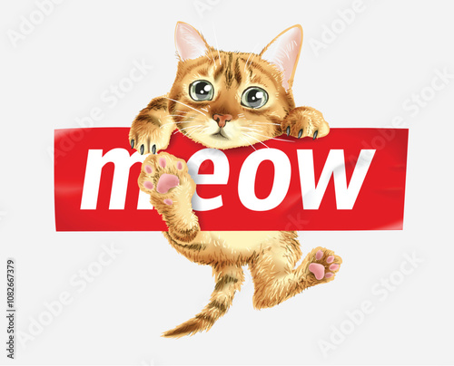 Cute Cat Hanging on "Meow" Sticker Illustration