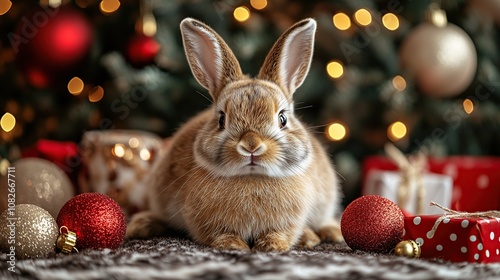 Cute Bunny Under Christmas Tree photo