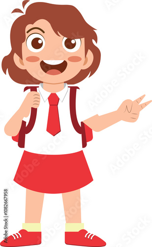 Cheerful school girl with backpack and peaceful hands