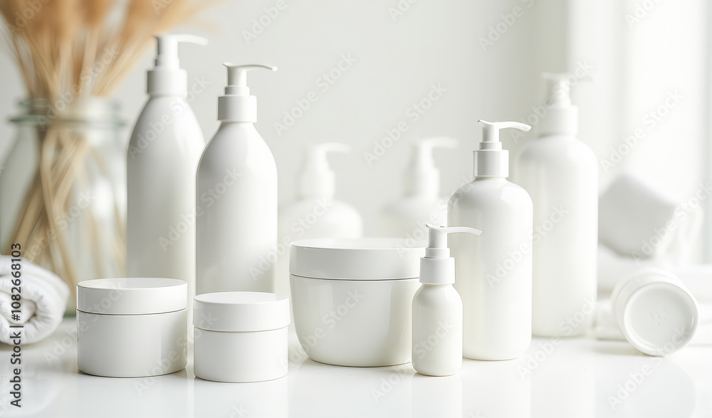 white bottles of cosmetics soap creams scrubs on a white background white bottles of cosmetics soap creams scrubs on a white background