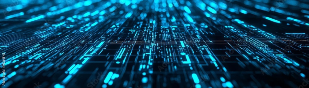 Obraz premium Abstract digital data stream with glowing blue lines and particles in motion.