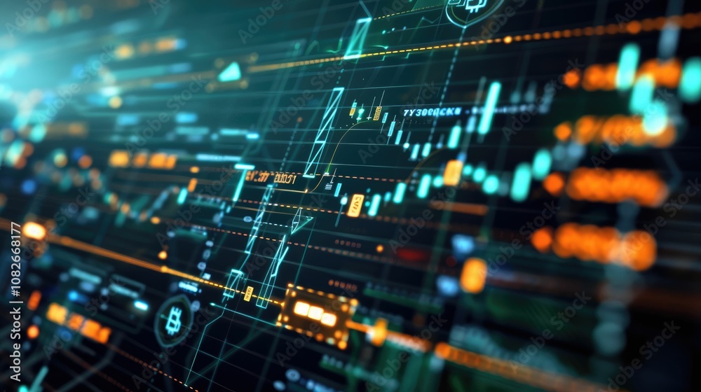 Investment chart with dynamic arrows and digital currency icons Investment chart with dynamic arrows and digital currency icons
