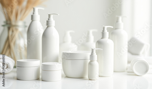 white bottles of cosmetics soap creams scrubs on a white background