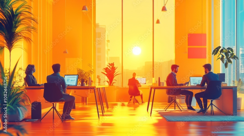 A group of coworkers working in a modern office space with a view of a city skyline and sunset. A group of coworkers working in a modern office space with a view of a city skyline and sunset.