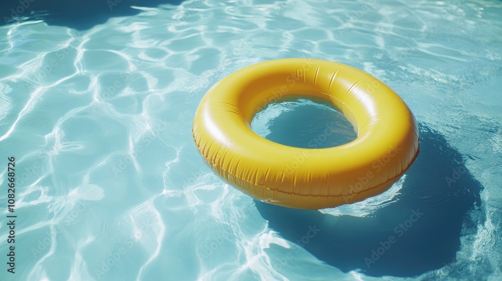 Top View of a Yellow Inflatable Pool Ring Floating in Sparkling Blue Water, Perfect for Summer, Relaxation, Vacations, and Fun Pool Party Imagery Top View of a Yellow Inflatable Pool Ring Floating in Sparkling Blue Water, Perfect for Summer, Relaxation, Vacations, and Fun Pool Party Imagery