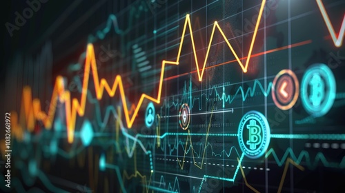 Investment chart with dynamic arrows and digital currency icons