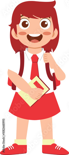 Happy school girl with backpack and book