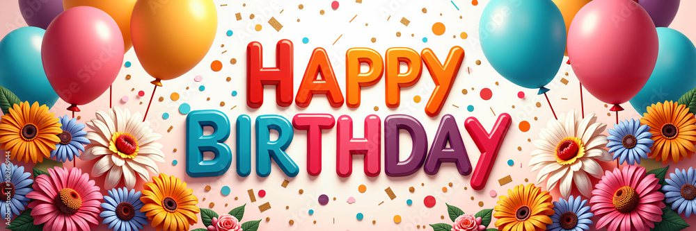 Birthday card with a colorful background, featuring balloons, flowers, and confetti in shades of pink, blue, yellow, and orange, and the inscription Happy Birthday in multicolored letters.