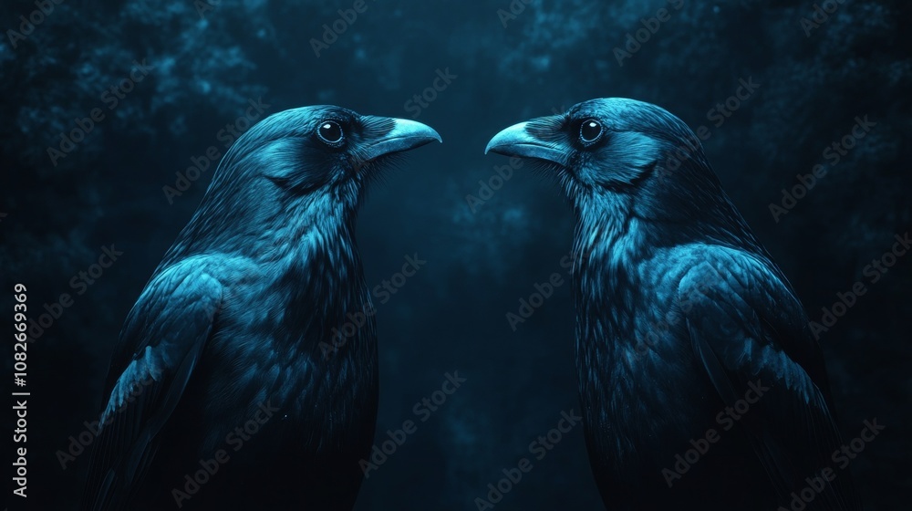 Naklejka premium Two crows are standing next to each other in the dark