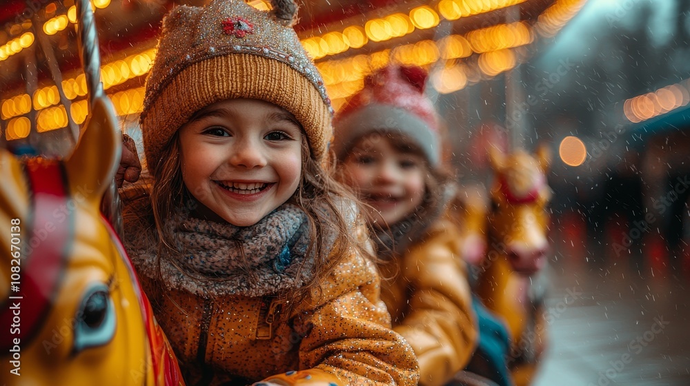 Smiling girl on carousel rides in winter with friends Smiling girl on carousel rides in winter with friends