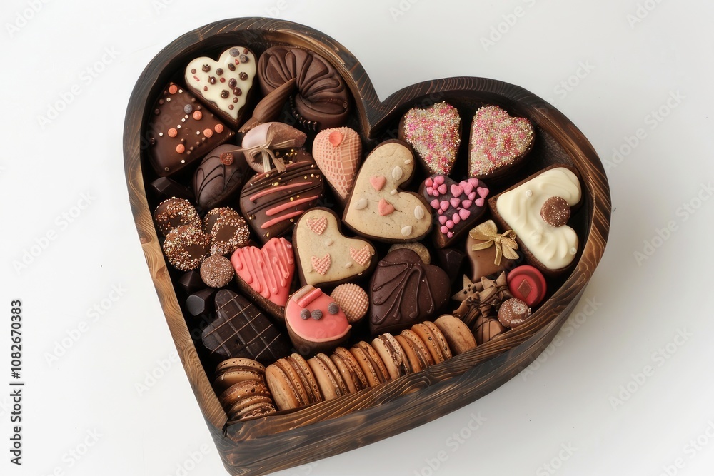 A delightful heart shaped box that is filled with chocolates and cookies A delightful heart shaped box that is filled with chocolates and cookies