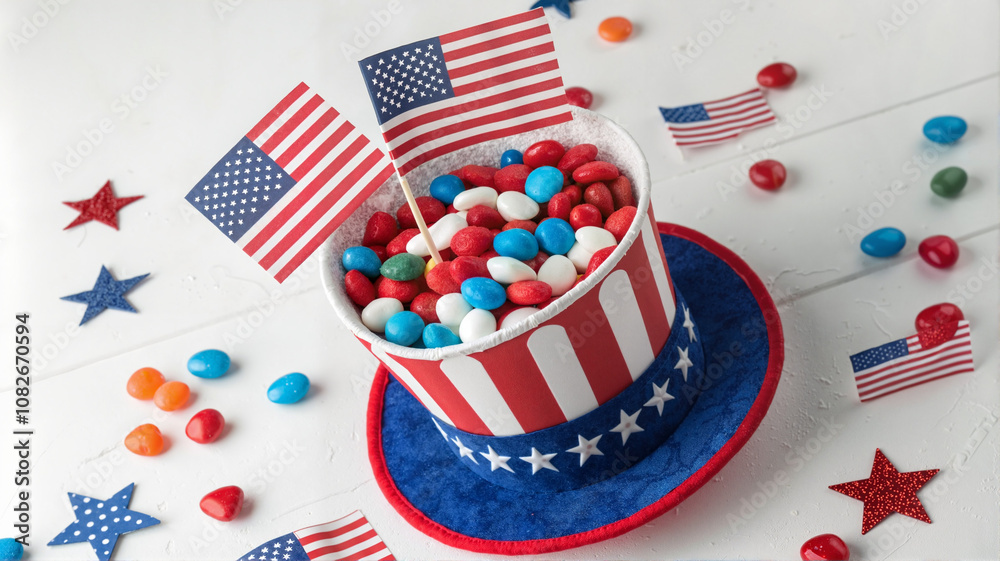 Obraz premium Patriotic cake and candy centerpiece for Fourth of July