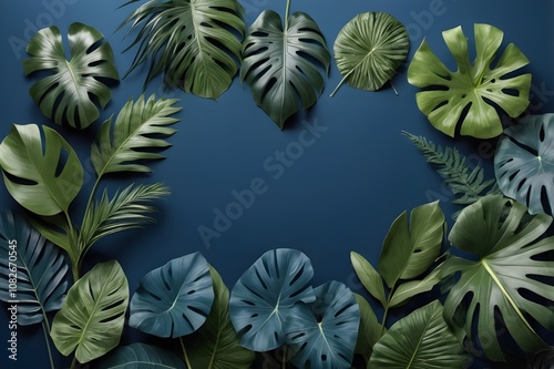 Tropical origami palm leaves frame or border with copy space. Elegant frame featuring tropical foliage, exotic hawaiian jungle, artistic paper folding. Nature-inspired invitation, tropical-themed card