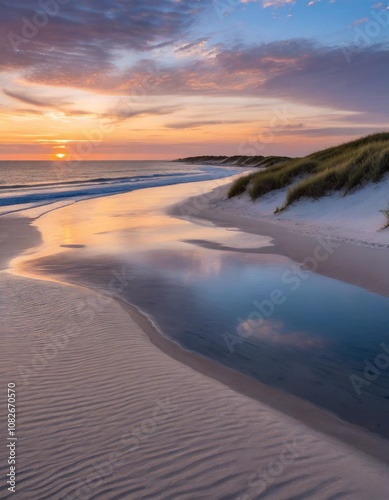 Sunset Over a Serene Beach With White Sand Dunes Stretching Into the Distance, While the Calm Ocean Reflects the Vibrant Colors of the Evening Sky and Gently Lapping Waves