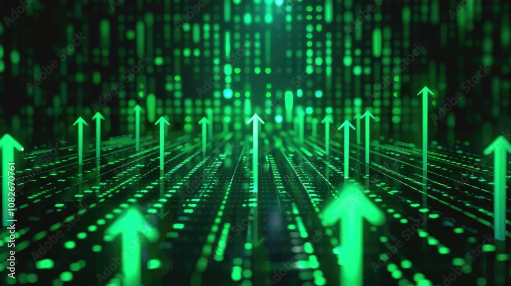 Investment concept with green arrows emerging from a digital grid Investment concept with green arrows emerging from a digital grid