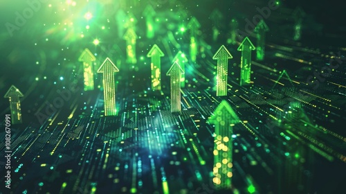 Investment concept with green arrows emerging from a digital grid