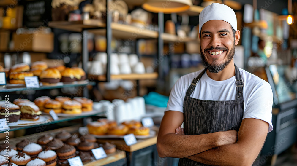 Cheerful Baker Standing Proudly in Artisan Bakery Shop Cheerful Baker Standing Proudly in Artisan Bakery Shop
