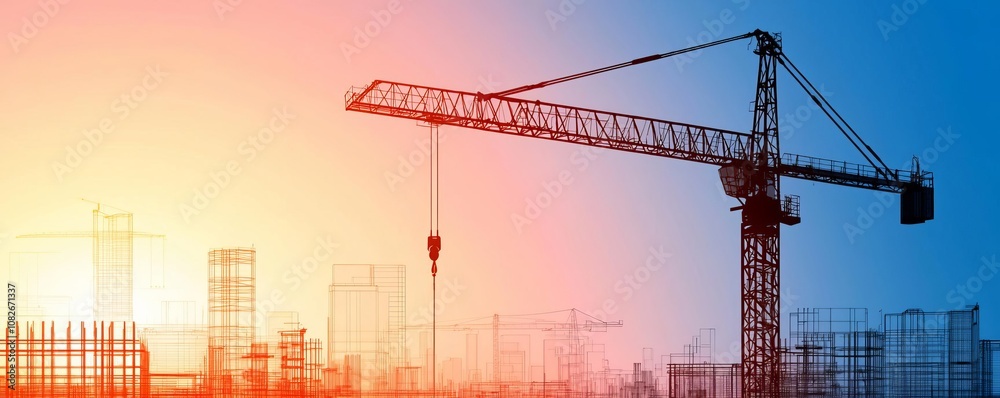 Silhouette of a construction crane against a vibrant sunset backdrop. Silhouette of a construction crane against a vibrant sunset backdrop.