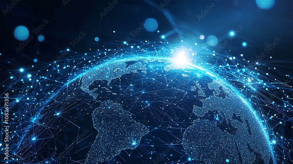 Fototapeta premium Glowing Global Digital Network with Satellite Data Streams Connecting Continents