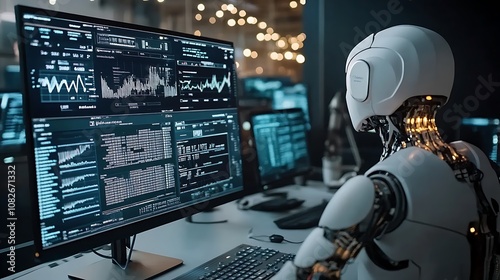 An AI-powered virtual assistant on a computer screen providing insights on portfolio performance and automated trading recommendations to a financial advisor 