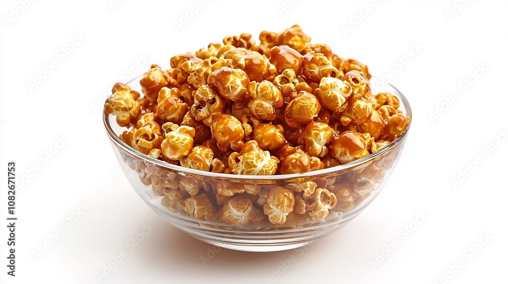 Shiny Golden Caramel Coated Popcorn in Bowl on White Background Shiny Golden Caramel Coated Popcorn in Bowl on White Background