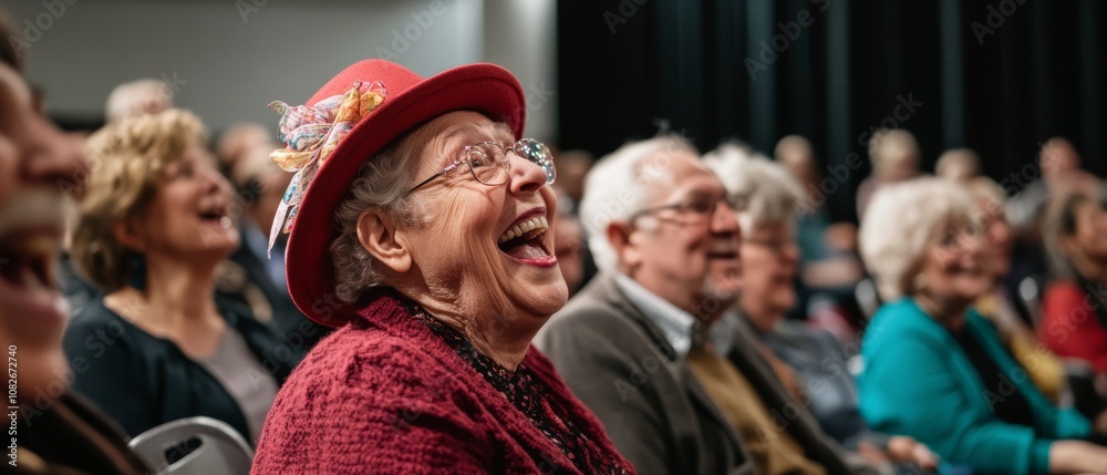 Fototapeta premium A joyous elderly woman in a festive hat shares a laugh with friends, radiating warmth and a lively, joyful spirit.