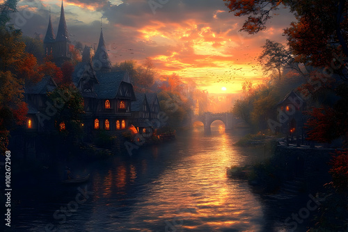 Illustration of Medieval Town at Sunset with River, Bridge, and Buildings