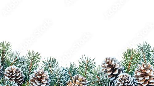 Evergreen pine branches with cones frame a festive Christmas scene isolated on transparent background.