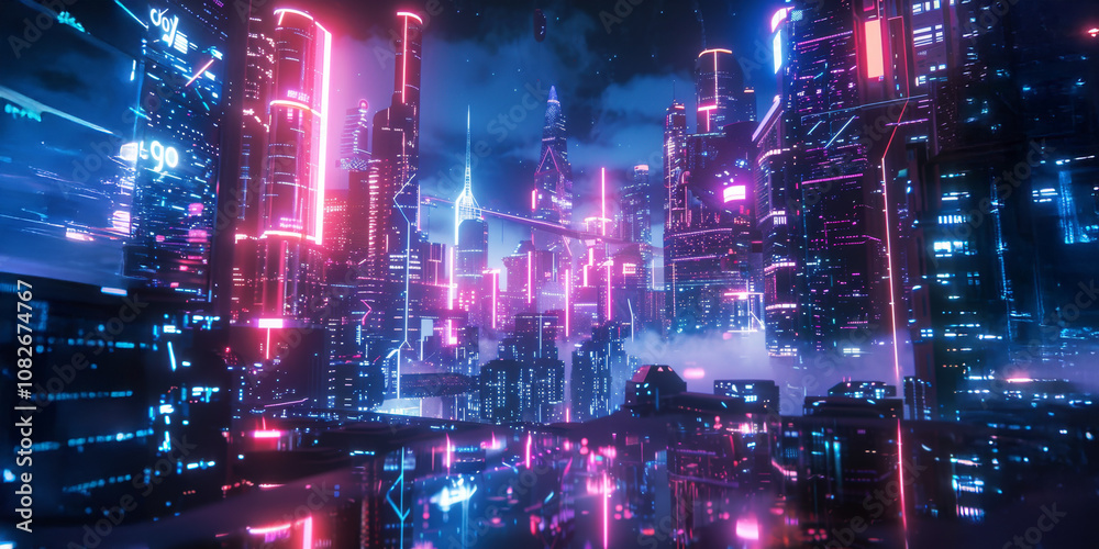 A vibrant cyberpunk cityscape at night filled with glowing neon lights reflecting on rain-soaked streets, showcasing futuristic architecture and a bustling atmosphere A vibrant cyberpunk cityscape at night filled with glowing neon lights reflecting on rain-soaked streets, showcasing futuristic architecture and a bustling atmosphere