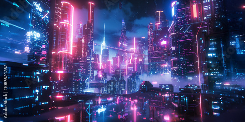 Wallpaper Mural A vibrant cyberpunk cityscape at night filled with glowing neon lights reflecting on rain-soaked streets, showcasing futuristic architecture and a bustling atmosphere Torontodigital.ca