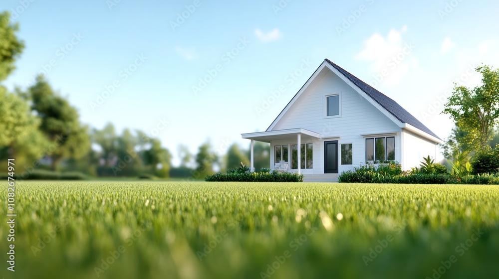 A serene white house surrounded by lush green grass and trees. A serene white house surrounded by lush green grass and trees.